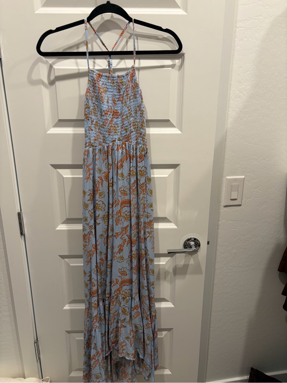 Free People Sky Blue Floral Smocked Halter Maxi Dress